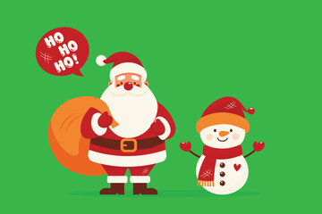 Santa Claus and Snowman Flat Christmas Illustration.