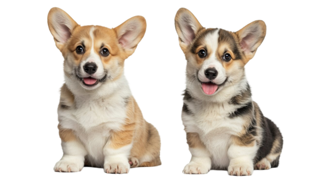 Two cute corgi puppies sitting, isolated on transparent background