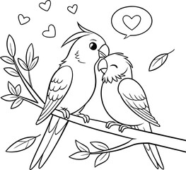 Obraz premium A charming black-and-white line drawing of two cockatiels interacting, perfect for coloring or as a minimalist art piece 
