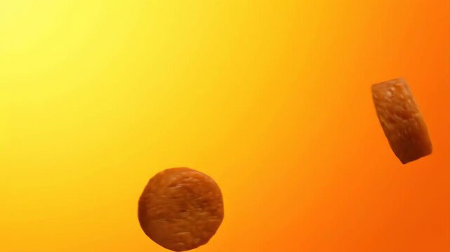 One Delicious Single Nugget Floating on a Plain Bright Orange Background
