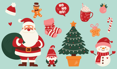 Flat Christmas Set with Santa Claus Snowman and Holiday Elements.
