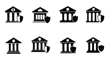 Black and white icons depicting classic buildings with shield emblems