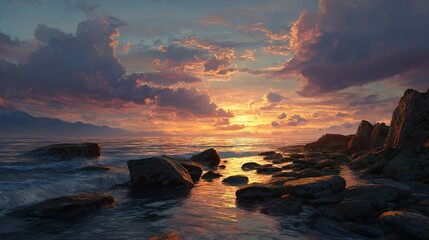 Stunning sunset paints dramatic clouds over calm ocean waves and rocky shore