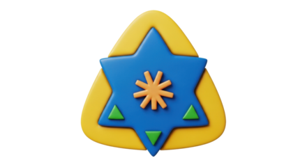 Isolated star shape emblem with a triangle and flower icon on a yellow abstract background