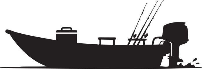 Small Fishing Boat Silhouettes Outboard Motor Side View Black and White
