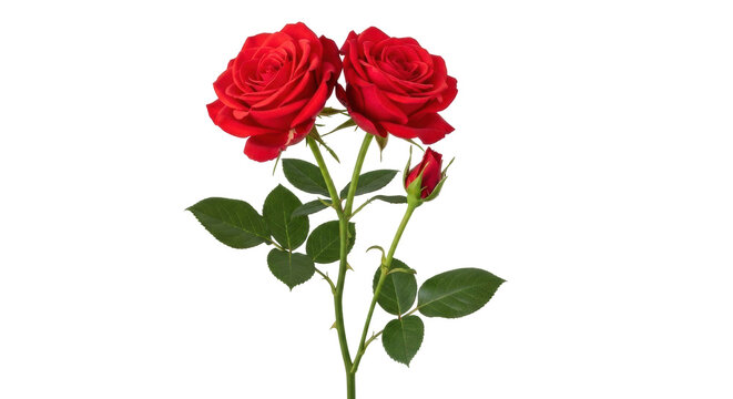 Isolated red rose flower arrangement featuring two blooms and a bud, studio shot, plant design