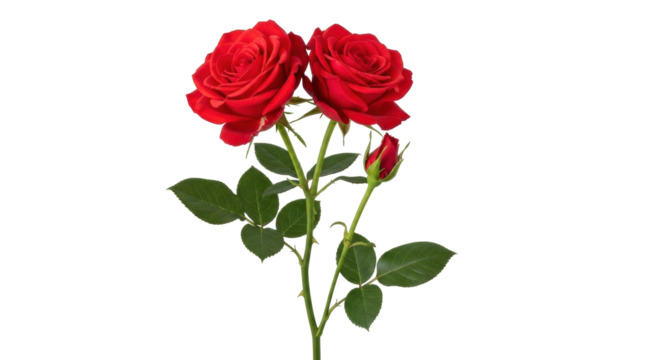 Isolated red rose flower arrangement featuring two blooms and a bud, studio shot, plant design