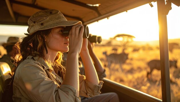 Woman observing wildlife through binoculars during a sunset safari in the savannah, with zebras nearby - Powered by Adobe