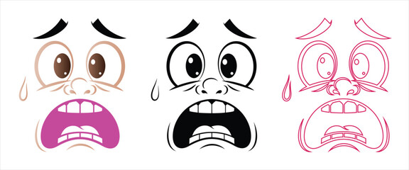 Three cartoon faces expressing fear on a a colorful version, a black and white version, and a red outline