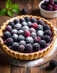 Sweet blackberry tart on a rustic wooden table