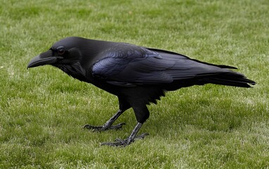 Obraz premium Majestic Black Raven on Green Grass, Bird Wildlife Photography