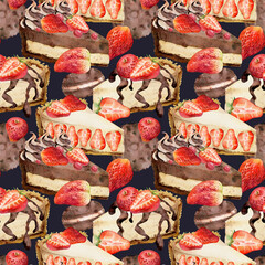 Strawberry cheesecake with chocolate ganache syrup drizzle, cocoa macaron hand painted in watercolor. Isolated on dark. Seamless culinary pattern design, digital fabric prints, baking kits and cards.