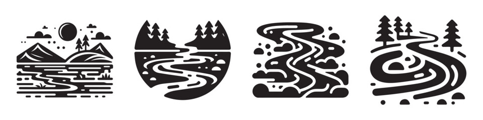 Obraz premium Modern Minimalist River Landscape Icon, Flat Silhouette of a Natural Scenery Vector for Nature Illustration Design