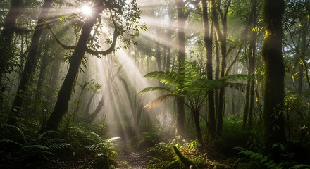Obraz premium Sunlit Path Through Emerald Forest: Nature's Radiance Illuminating Verdant Foliage and Tranquil Woodlands for Serene Exploration.