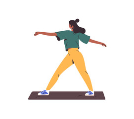 Young woman practices yoga training, stands in warrior pose. Black girl is stretching, does physical exercises while sports workout in gym. Flat isolated vector illustration on white background