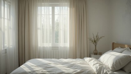 Cozy Bedroom With Soft Sunlight Filtering Through Sheer Curtains in a Tranquil Setting
