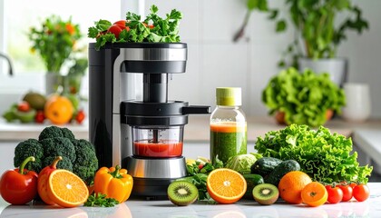 Vibrant kitchen scene showcasing a juicer surrounded by fresh vegetables and fruits on a sunny countertop