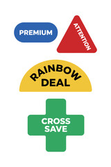 Set of E-commerce Promotion Tags Premium Attention Rainbow Deal Cross Save