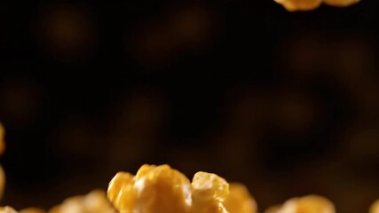 Caramel Popcorn Pieces Fall Against Dark Background in Slow Motion - Powered by Adobe