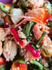 Close-up of cut sweet bell pepper cores, seeds, and scraps