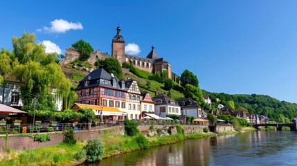 Obraz premium Scenic riverside view of historic German village with charming architecture and green hills under a clear blue sky