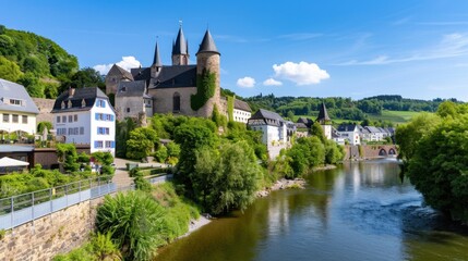 Naklejka premium Beautiful Scenic View of Historic Castle Surrounded by Lush Greenery with River and Blue Sky in Germany