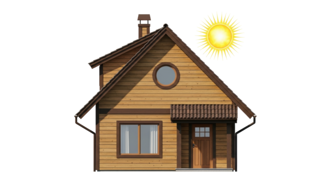 Isolated wooden house with peaked roof and round window on sunny day, home exterior