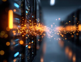 Close up of server racks with glowing orange digital data connections in a dark data center room
