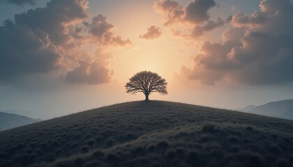 Sunset Over a Solitary Tree on a Hill With Dramatic Clouds in the Background