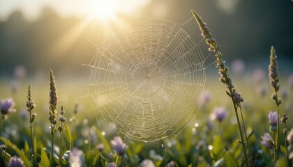 Morning Sunlight Illuminates a Spider Web in a Field of Wildflowers