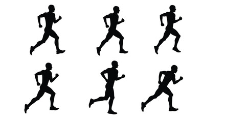 Silhouettes of running people in various stages of motion depicted