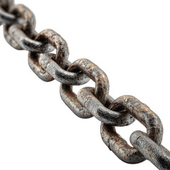 Obraz premium A segment of a rusty, weathered metal chain, rendered with significant texture and detail, isolated on a solid transparent background. background removed