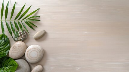 Fototapeta premium Natural Elements on Smooth Background with Stones, Leaves, and Wood for Organic Design and Wellness Concepts