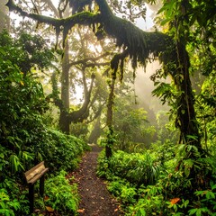 Lush rainforest path bathed in sunlight