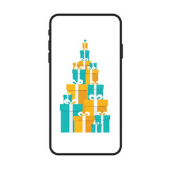 A smartphone displays a colorful graphic of stacked presents in teal and yellow on its screen against a white background.