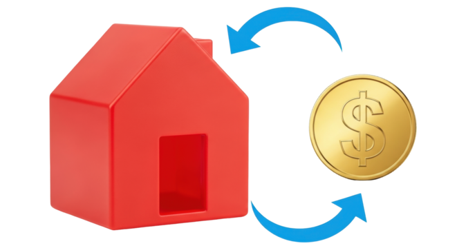 Isolated red toy house exchanging for golden coin investment, property value appreciation