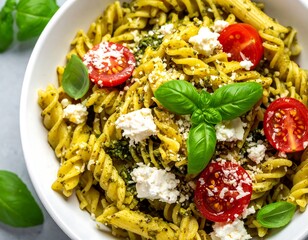 Pasta dish with pesto, feta, and cherry tomatoes
