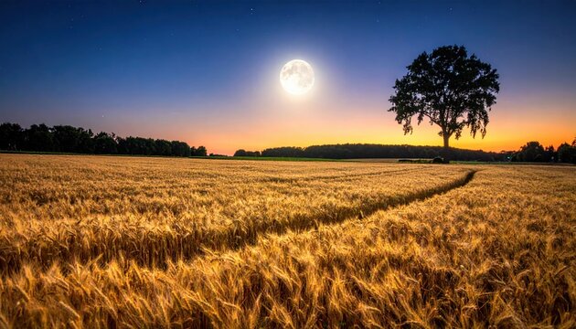 Serene landscape at dusk featuring a full moon over a golden wheat field with a solitary tree