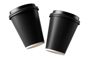 Two identical black coffee cups floating isolated PNG, photorealistic advertising mockup for beverage, café, and product design