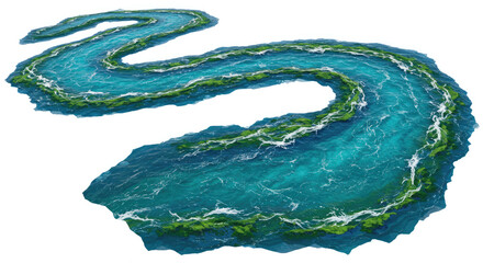 A vibrant winding river with textured green banks flowing through nature.