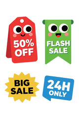 Cartoon Sale Stickers Collection with 50% Off, Flash Sale, Big Sale, and 24H Only Discount Tags