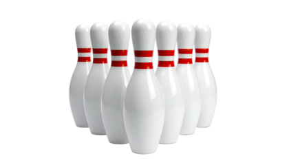White bowling pins arranged in a triangle, with red stripes and a shadow
