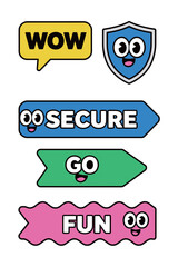 Cute Cartoon Security and Directional Stickers with Wow, Secure, Go, and Fun Messages
