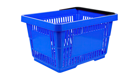Vivid blue shopping basket with handle, isolated against a black background