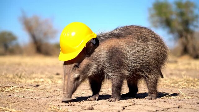 Chacoan Peccary Wears Construction Hat in Dry Gran Chaco Habitat