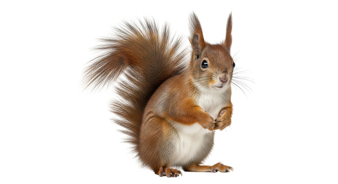 Isolated Eurasian red squirrel Sciurus vulgaris standing on paws and looking ahead sweetly - Powered by Adobe