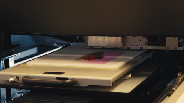 DTG printer prints colorful artwork onto shirt with precision and vivid detail.