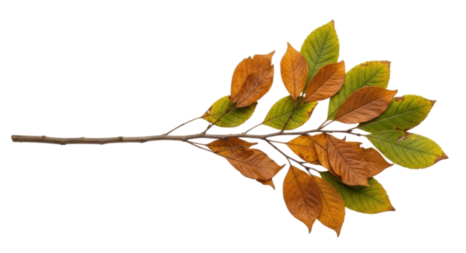 Isolated colorful tree branch with autumnal leaves turning brown and green in studio shot