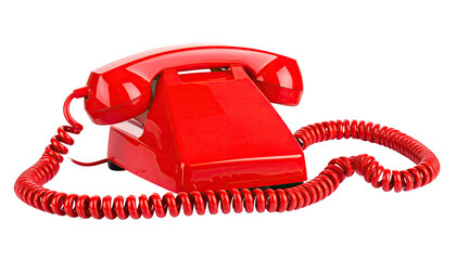 A classic red telephone with a coiled cord, isolated on a transparent background