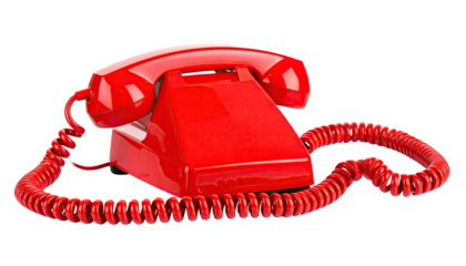 A classic red telephone with a coiled cord, isolated on a transparent background